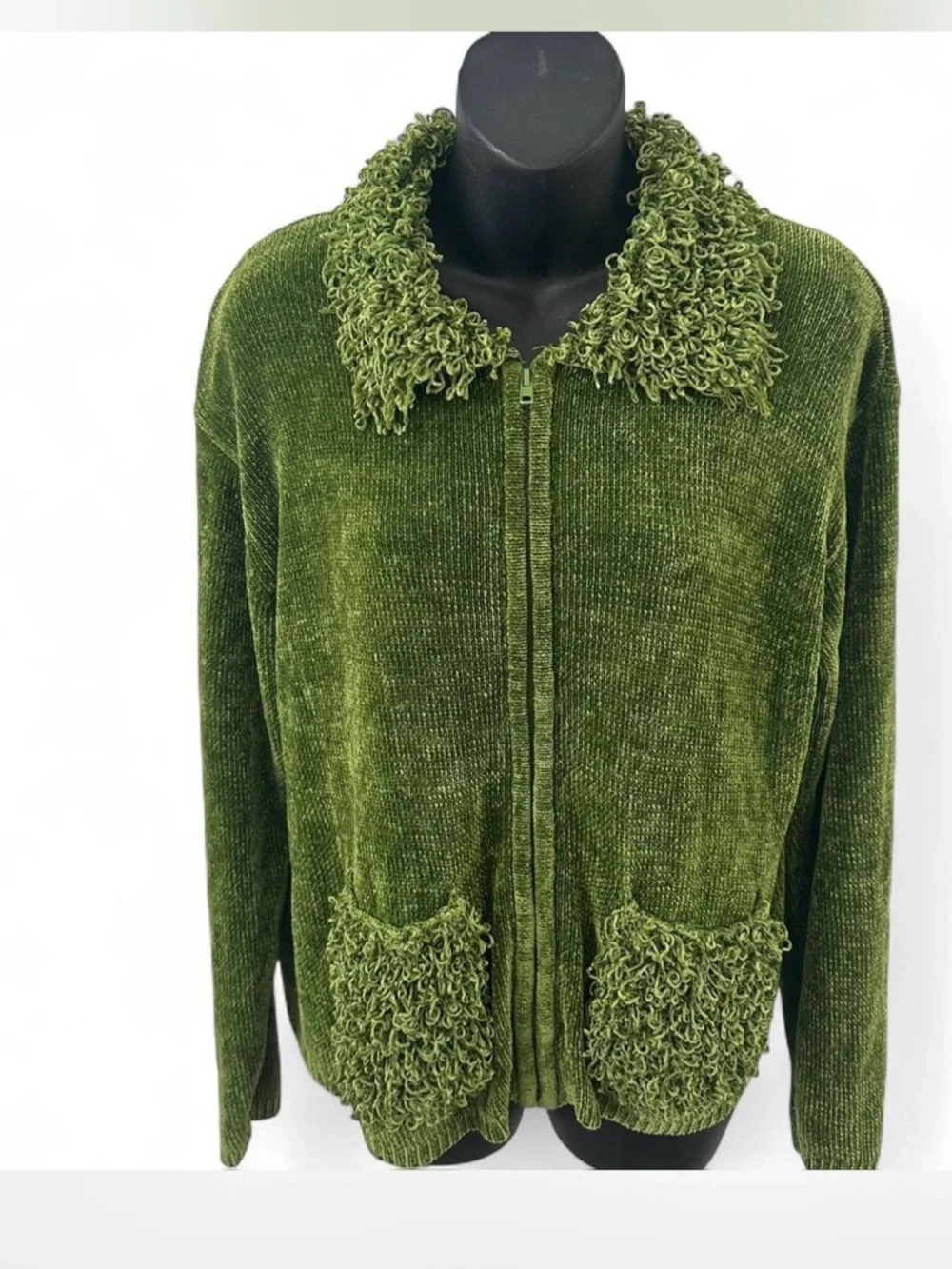 Lisa international Green Chenille‎ Zip Cardigan with Textured Collar & Pockets